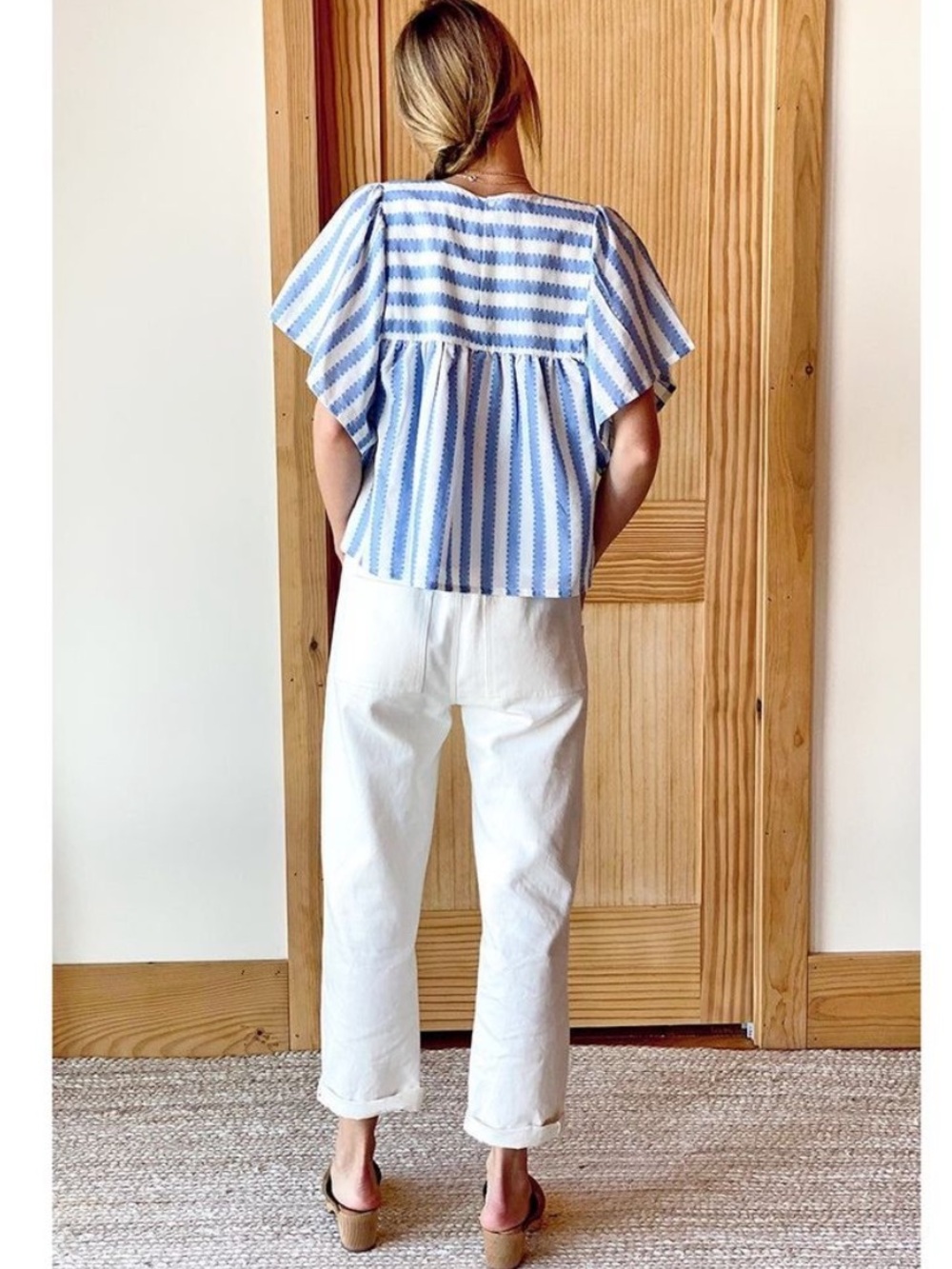 Emerson Fry India Collection Basalie Top Blouse Scallop Blue Stripe Small $118 - Picture 5 of 12